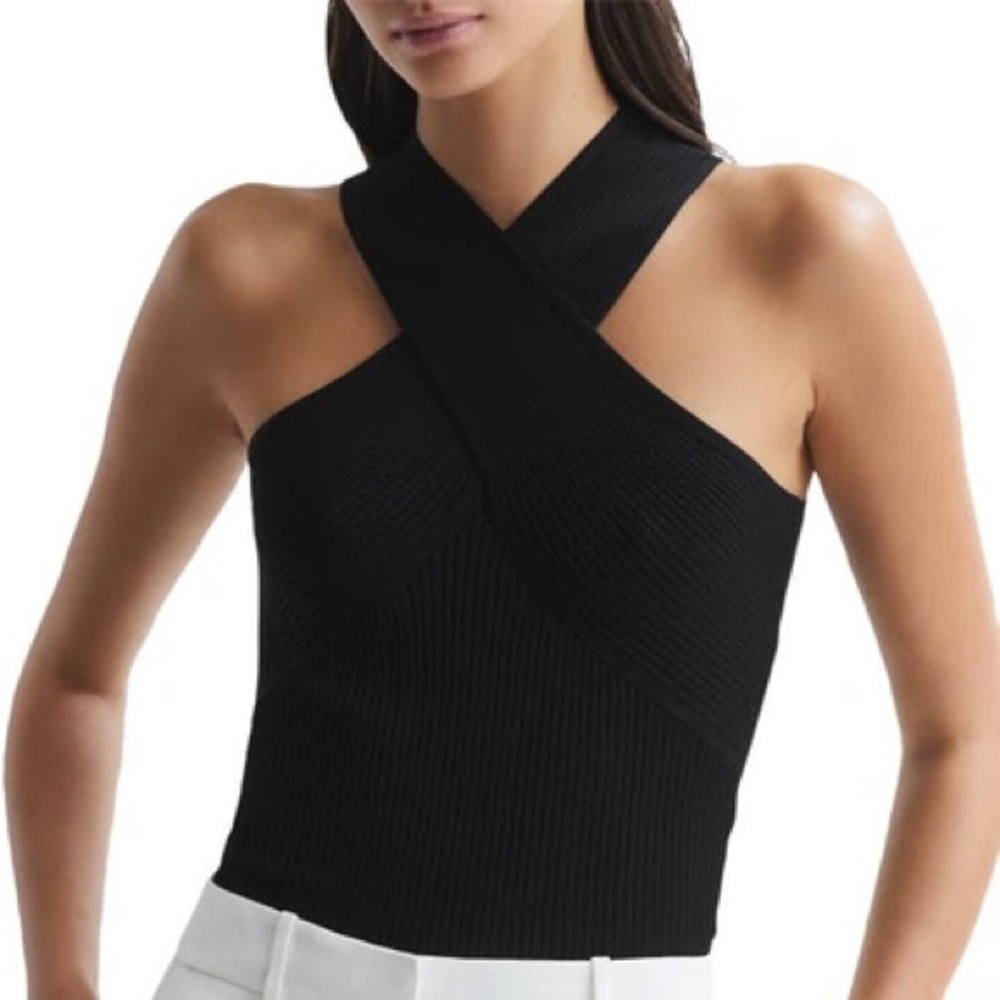 Reiss Lily Rib crossover halter top - black, size M